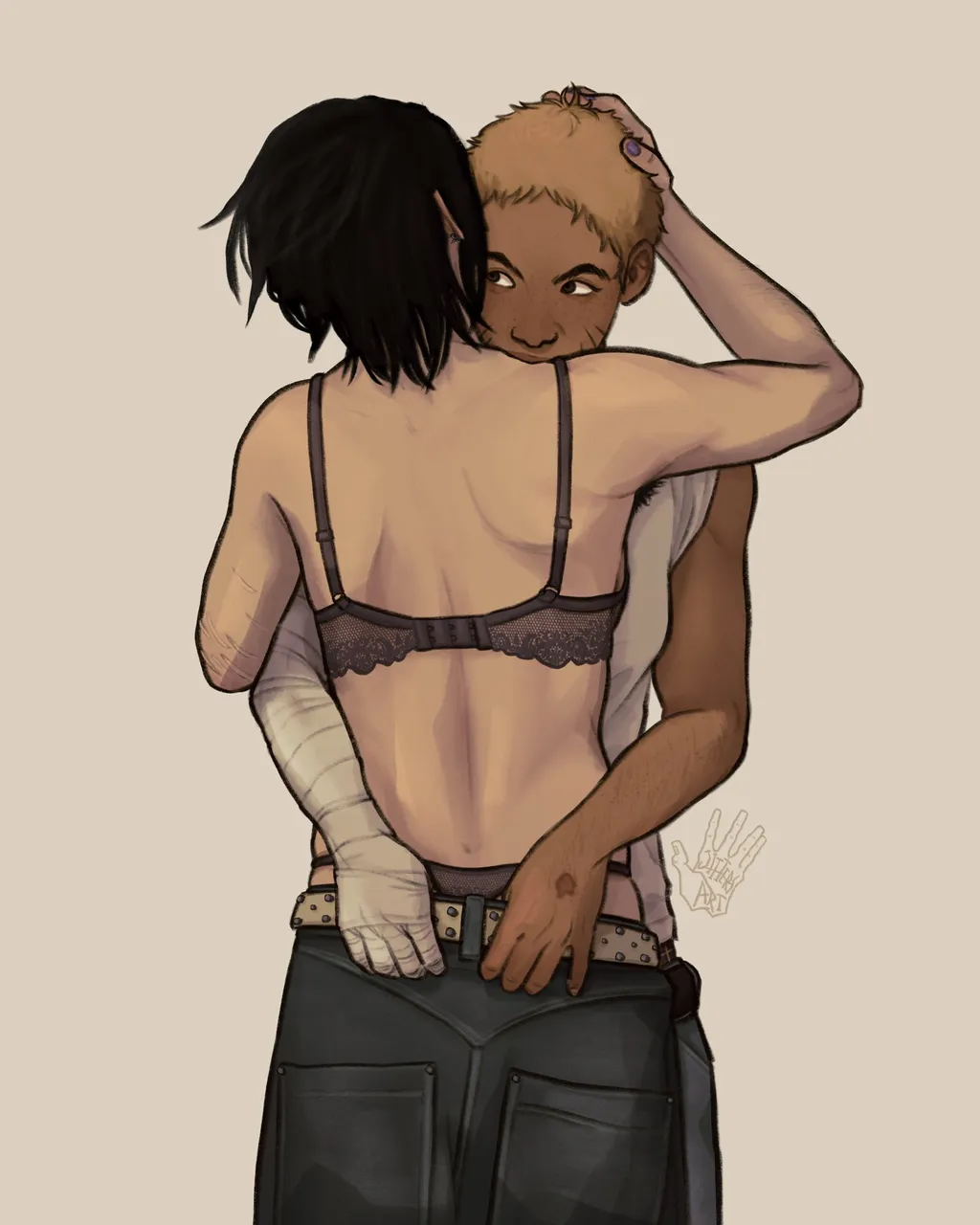 a digital drawing of naruto and sasuke as women. sasuke has her back towards the viewer while naruto faces the viewer with her arms around sasuke, gripping her jeans and biting her shoulder. sasuke has her arm holding narutos head and naruto looks towards her.