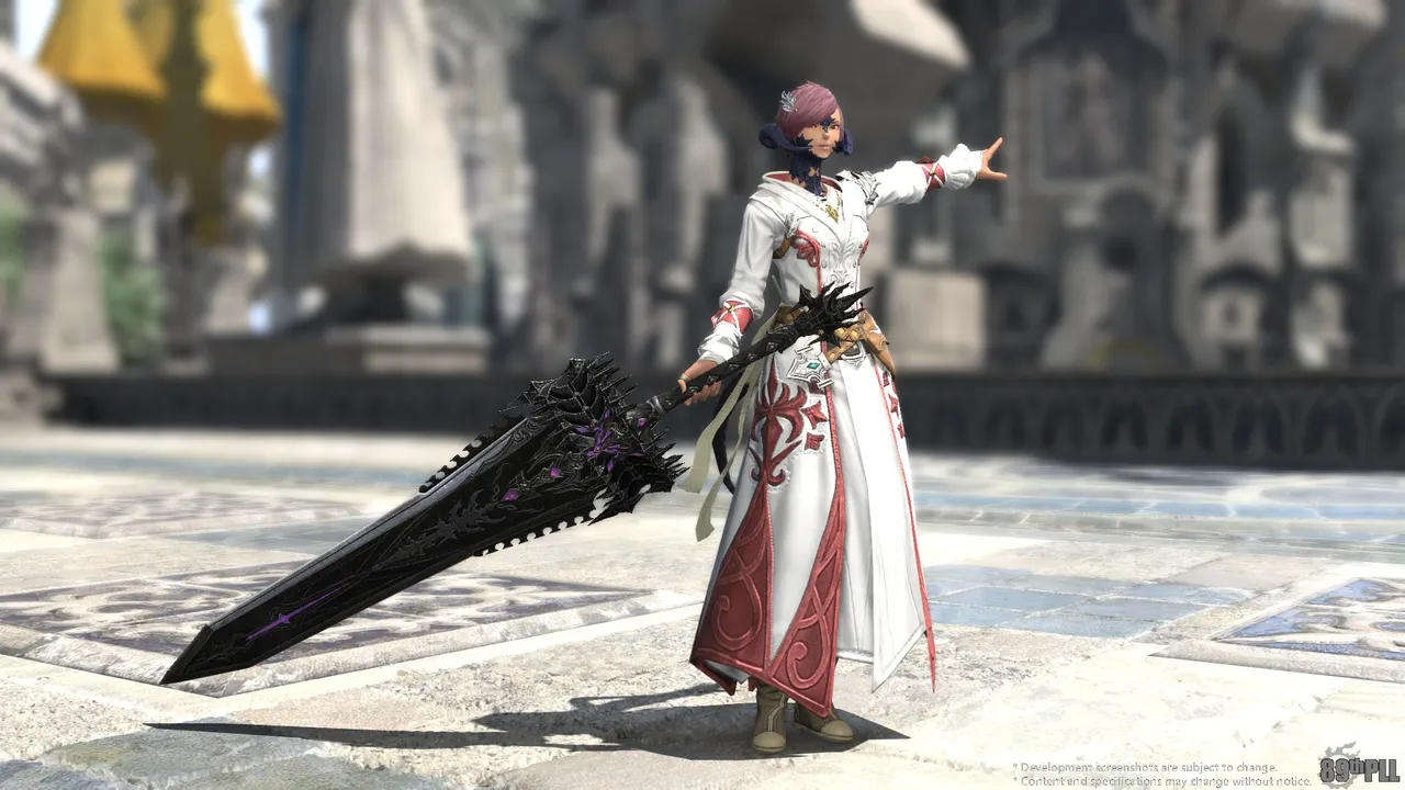 A Final Fantasy 14 screenshot showing an Au Ra dark knight wielding a great sword while dressed in white mage artifact armor.
