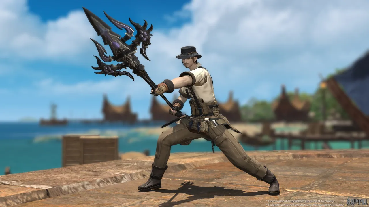A Final Fantasy 14 screenshot showing an Elezen dragoon wielding a lance while wearing fisher attire.