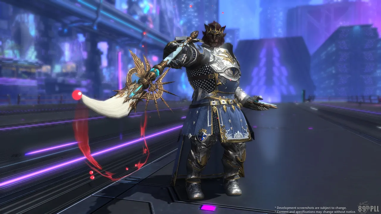 A Final Fantasy 14 screenshot showing a Hrothgar pictomancer wielding a paintbrush while wearing paladin artifact armor.